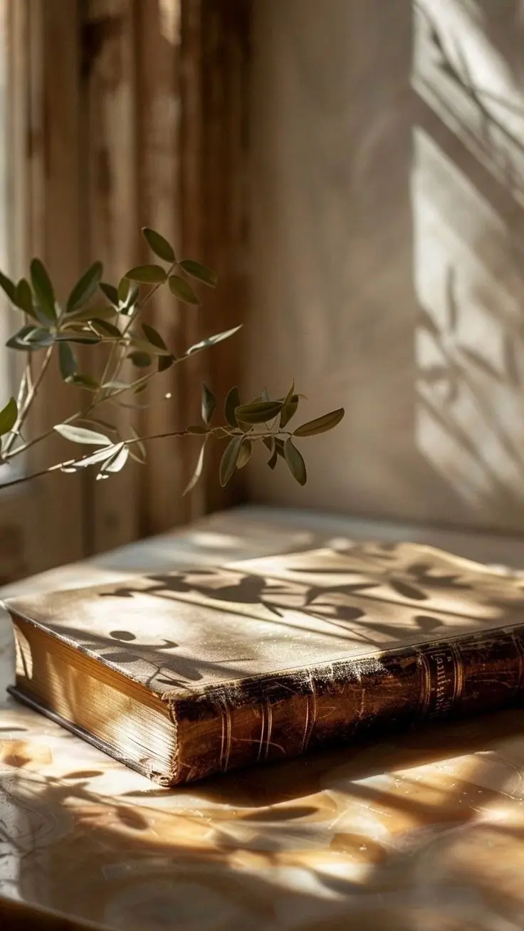 Un livre ancien posé près d'une branche d'olivier, éclairé par la lumière du soleil